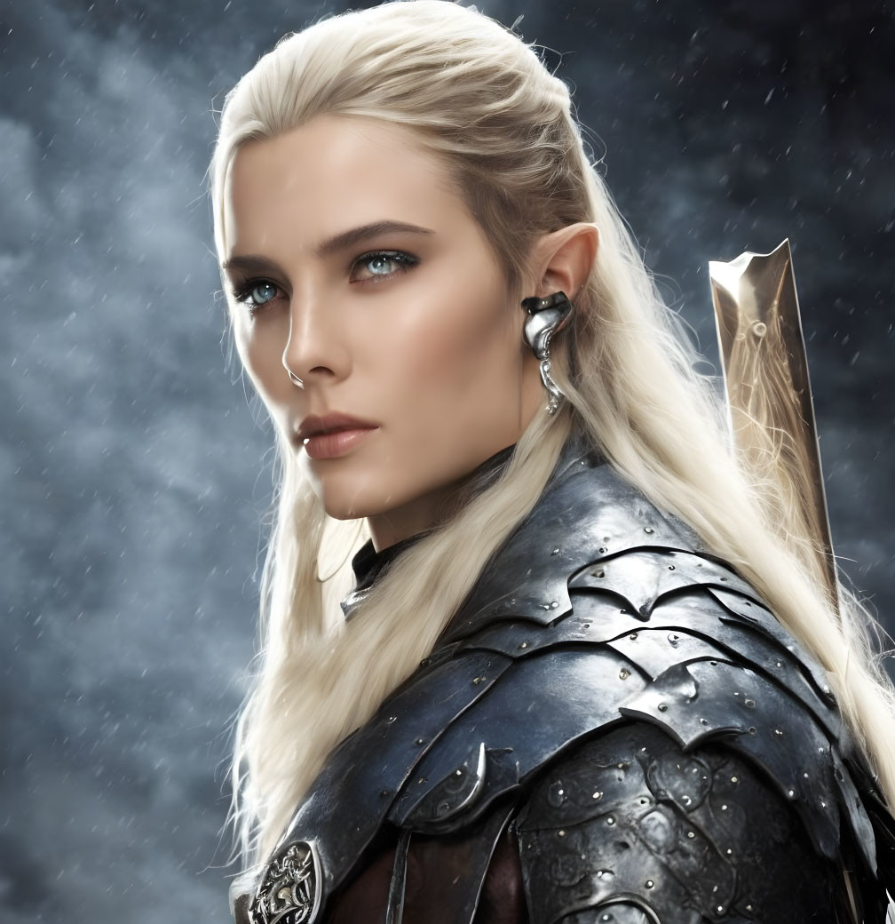 Blond-Haired Female Elf in Blue Armor on Snowy Background