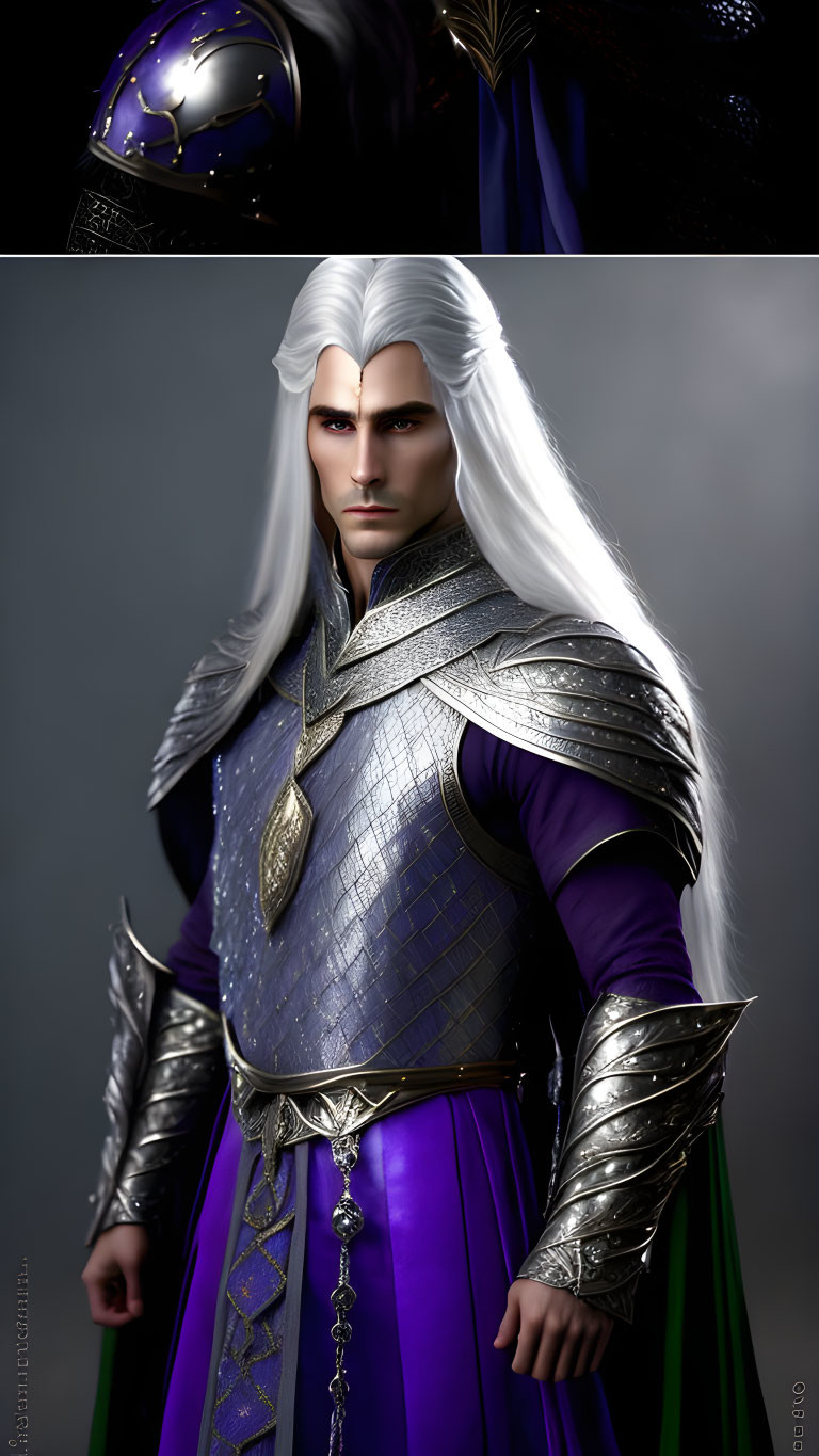 Regal fantasy character with long white hair and silver armor