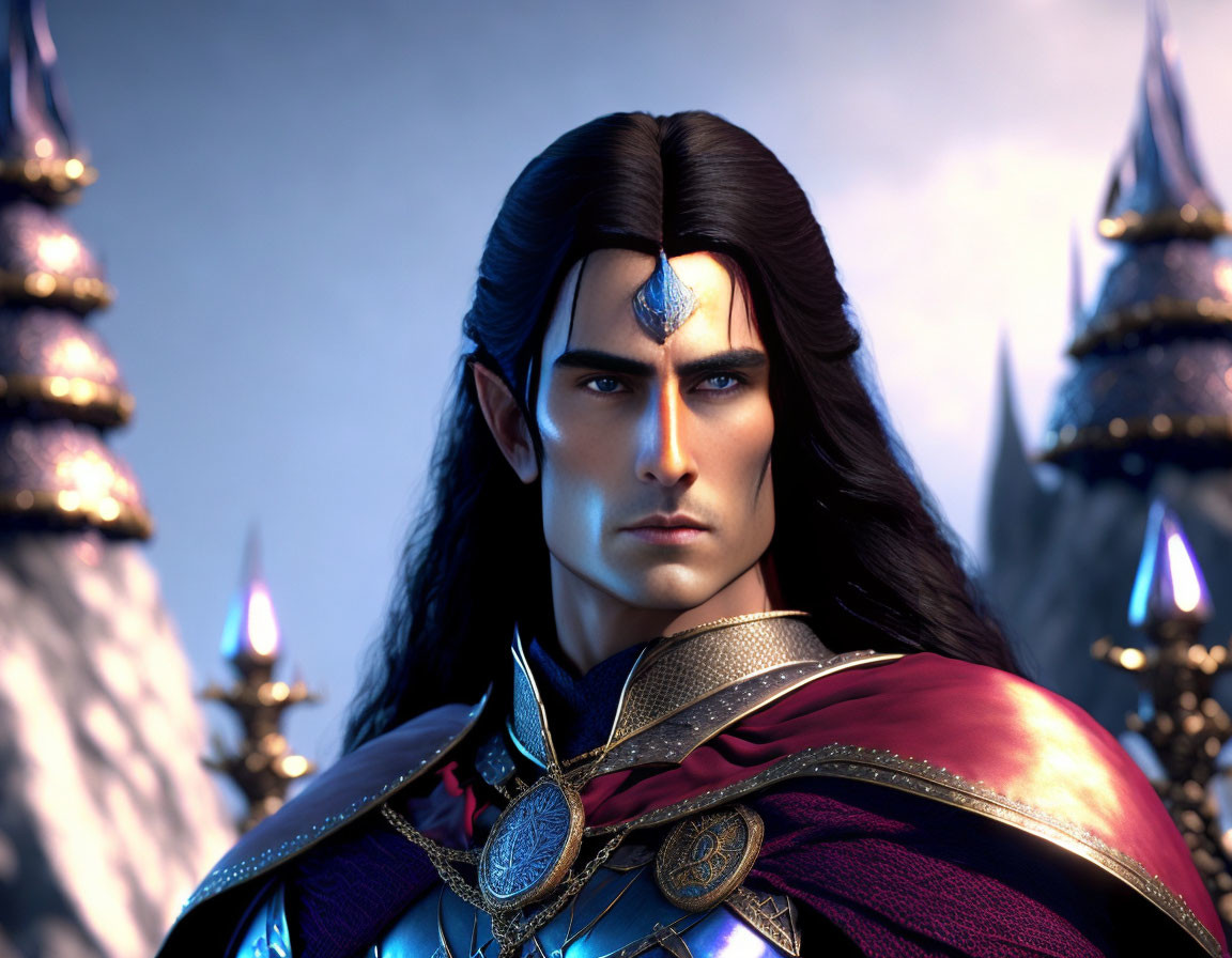 Elf with Long Dark Hair in Ornate Armor Against Fantasy Castle