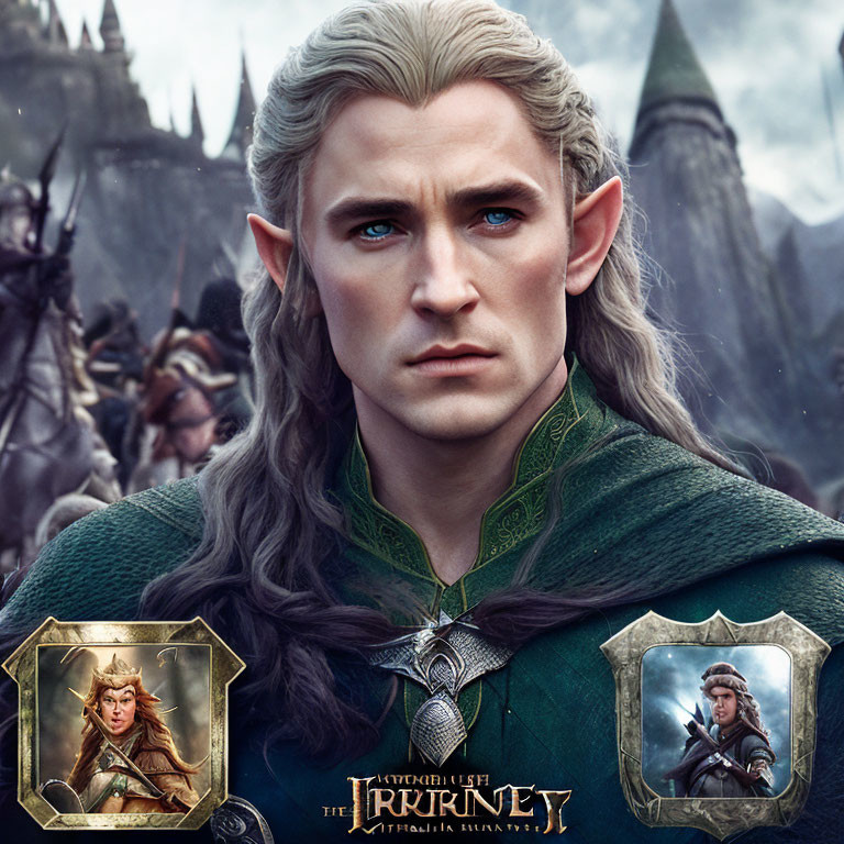 Elven character with blue eyes and blonde hair in green armor, with castle spires.