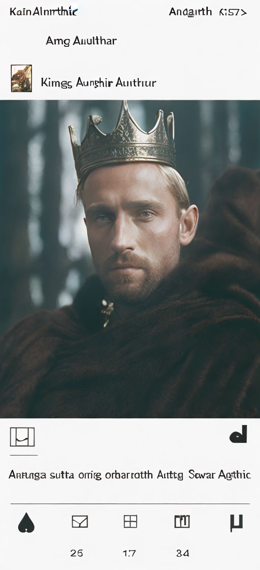 Bearded man wearing a crown in sepia-toned image with fictional script overlay