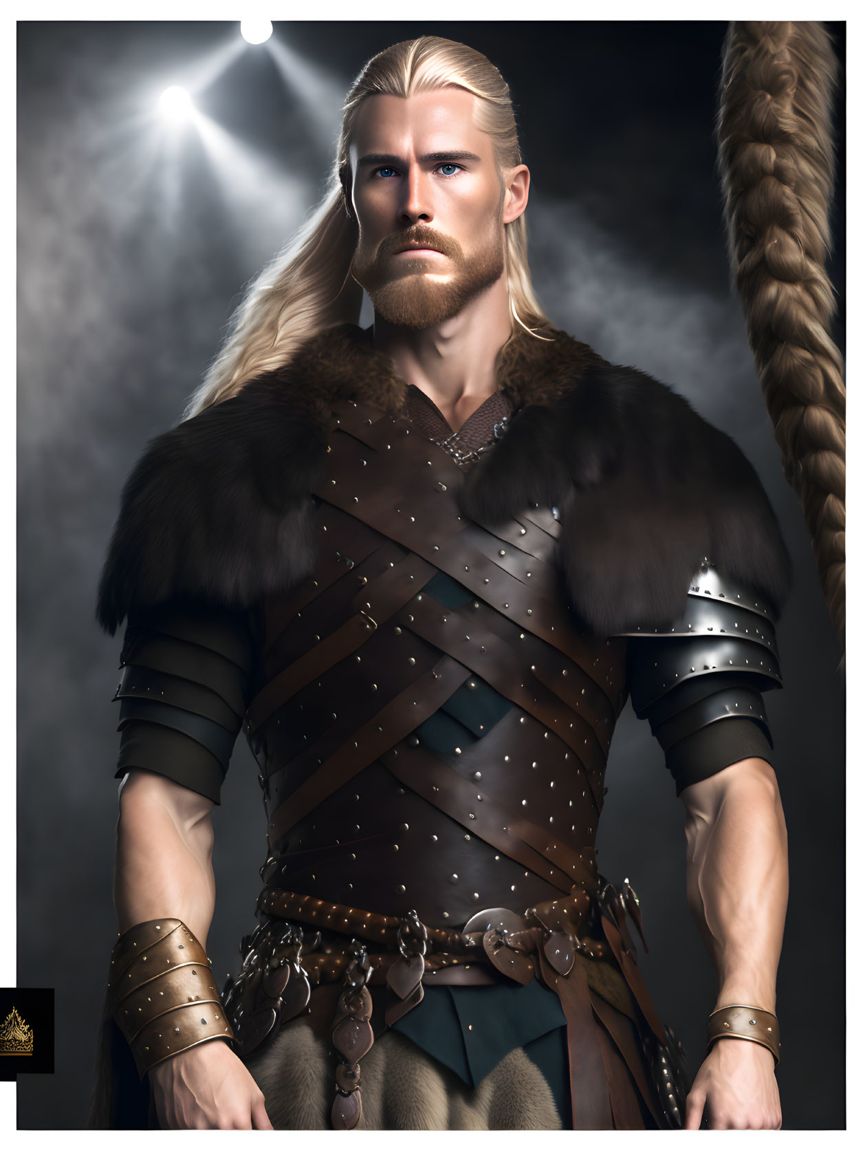 Digital artwork of stern Viking warrior with long blonde hair and leather armor.