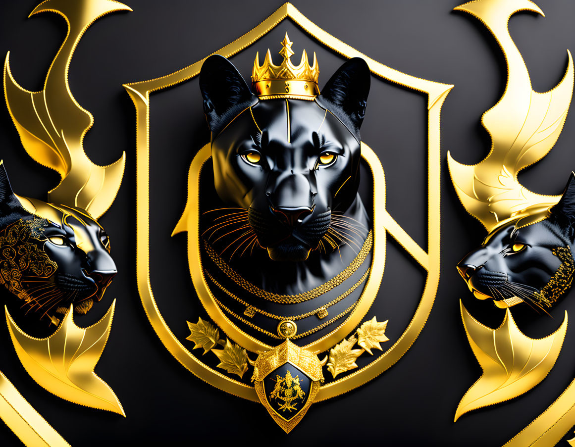 Regal digital artwork of black panther with golden crown