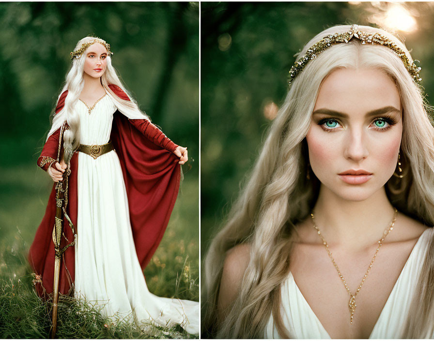 Fantasy-inspired woman in regal white dress with crown and staff in forest