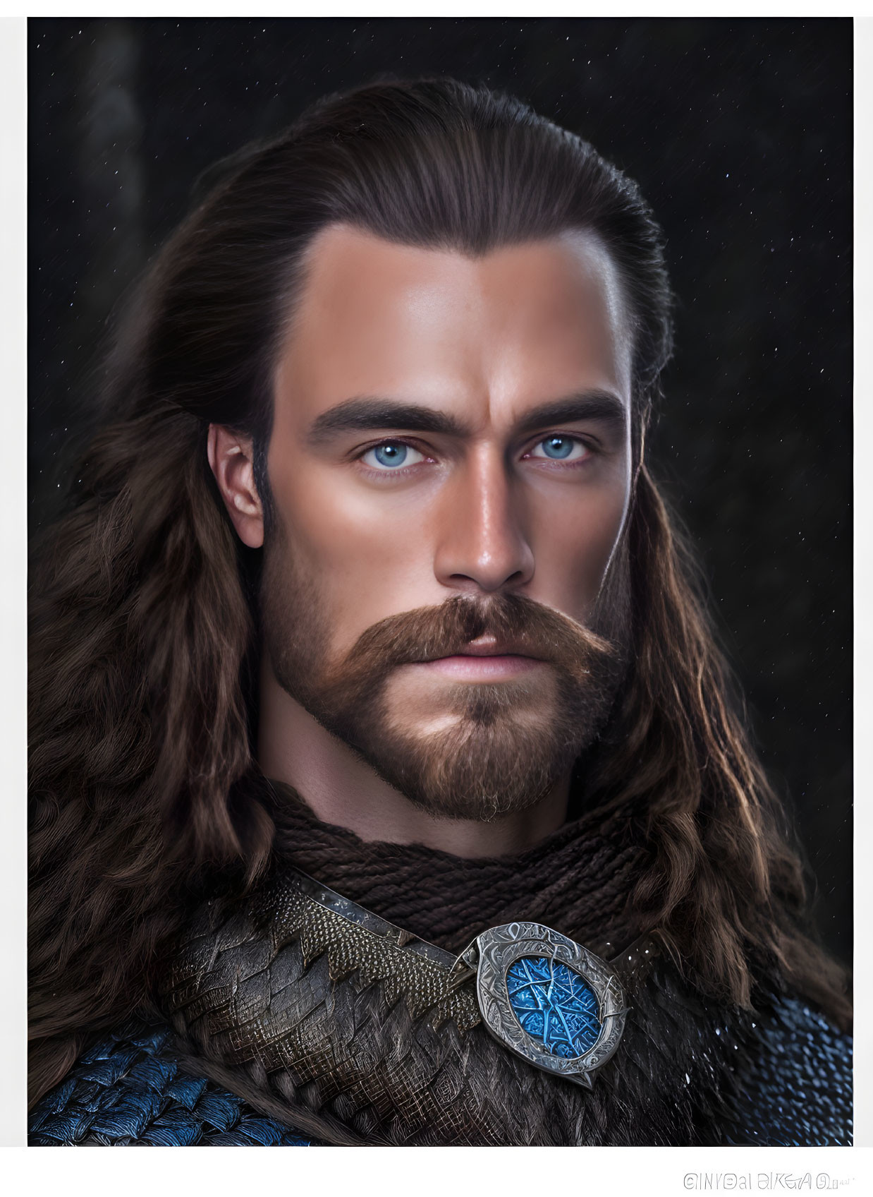 Fictional male character portrait with long brown hair, beard, blue eyes, and medieval armor.