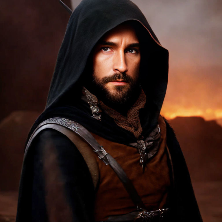 Bearded Man in Hooded Cloak against Fiery Background