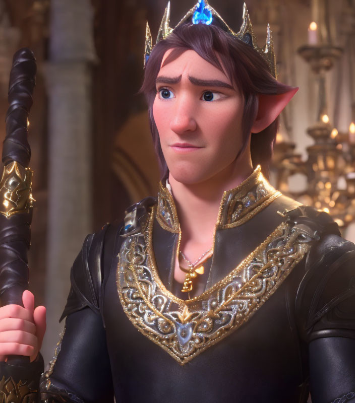 Male 3D animated character in crown and medieval attire in grand hall