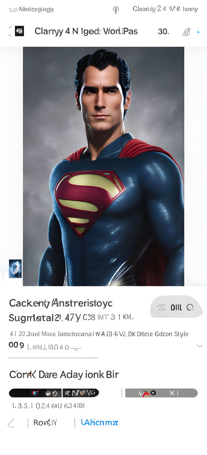 Stylized Superman depiction with strong jawline and iconic curl in hair