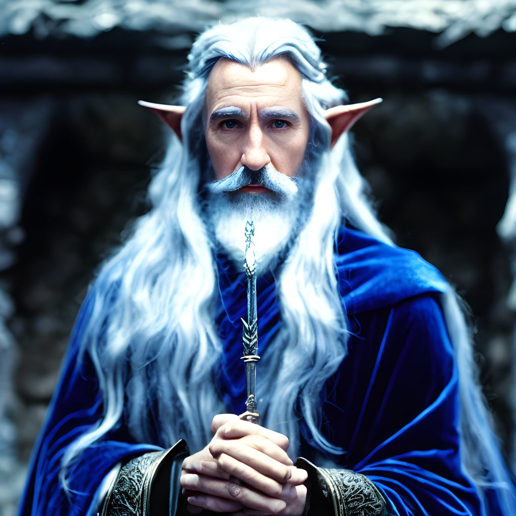 Fantasy wizard character with pointed ears, white beard, blue robes.