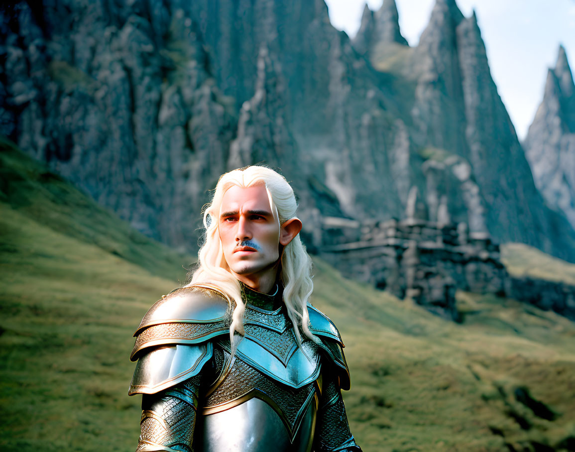 Elf with Long White Hair in Silver Armor Against Green Mountains