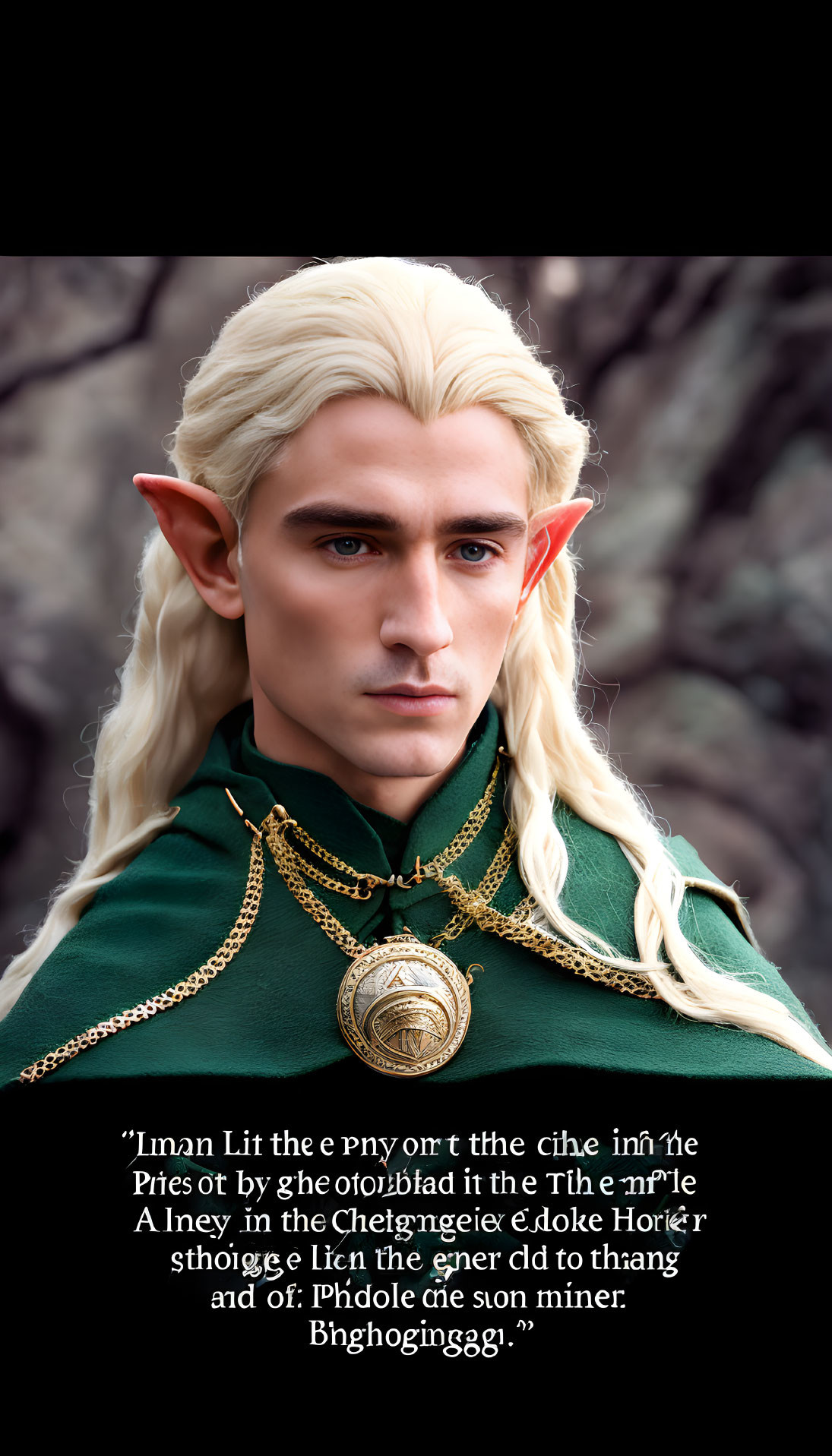 Blond-haired character in green and gold fantasy costume with pointed ears