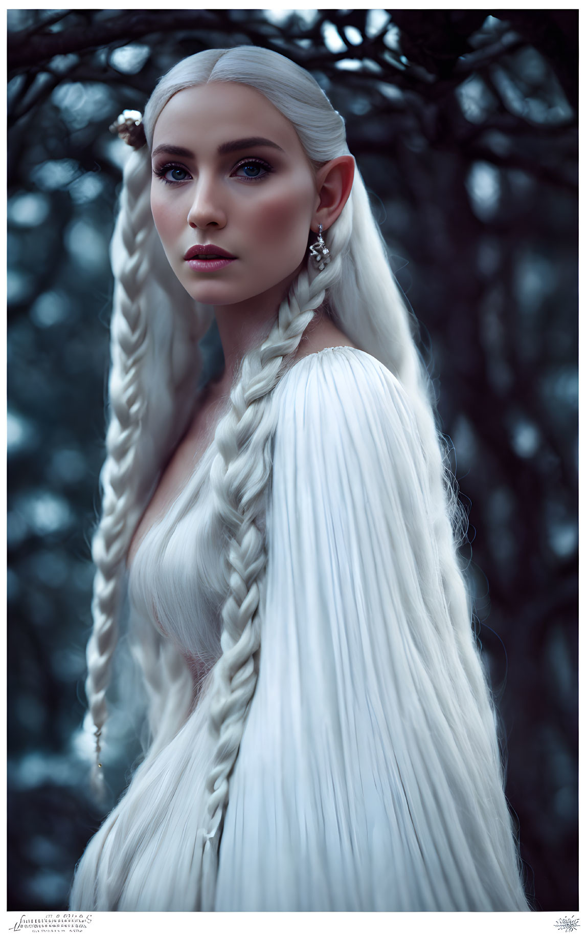 Pale-skinned woman with white braided hair in white dress and elfin ear accessories in forest setting