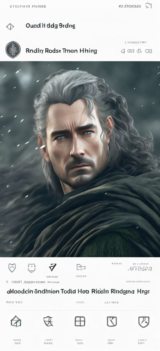 Man with Grey Hair and Green Cloak in Snowfall