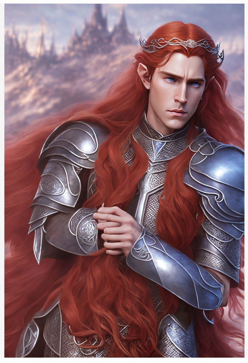 Illustrated elf with red hair in silver armor and crown on natural background