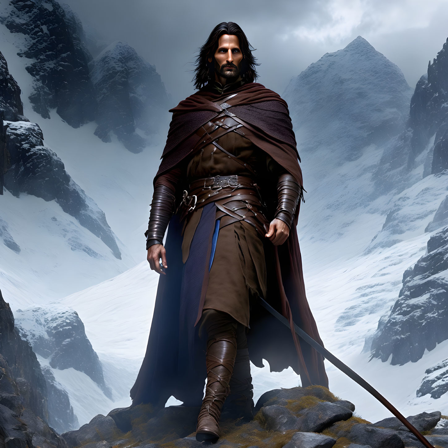 Digital illustration: Long-haired man in medieval warrior attire with sword, snowy mountain backdrop