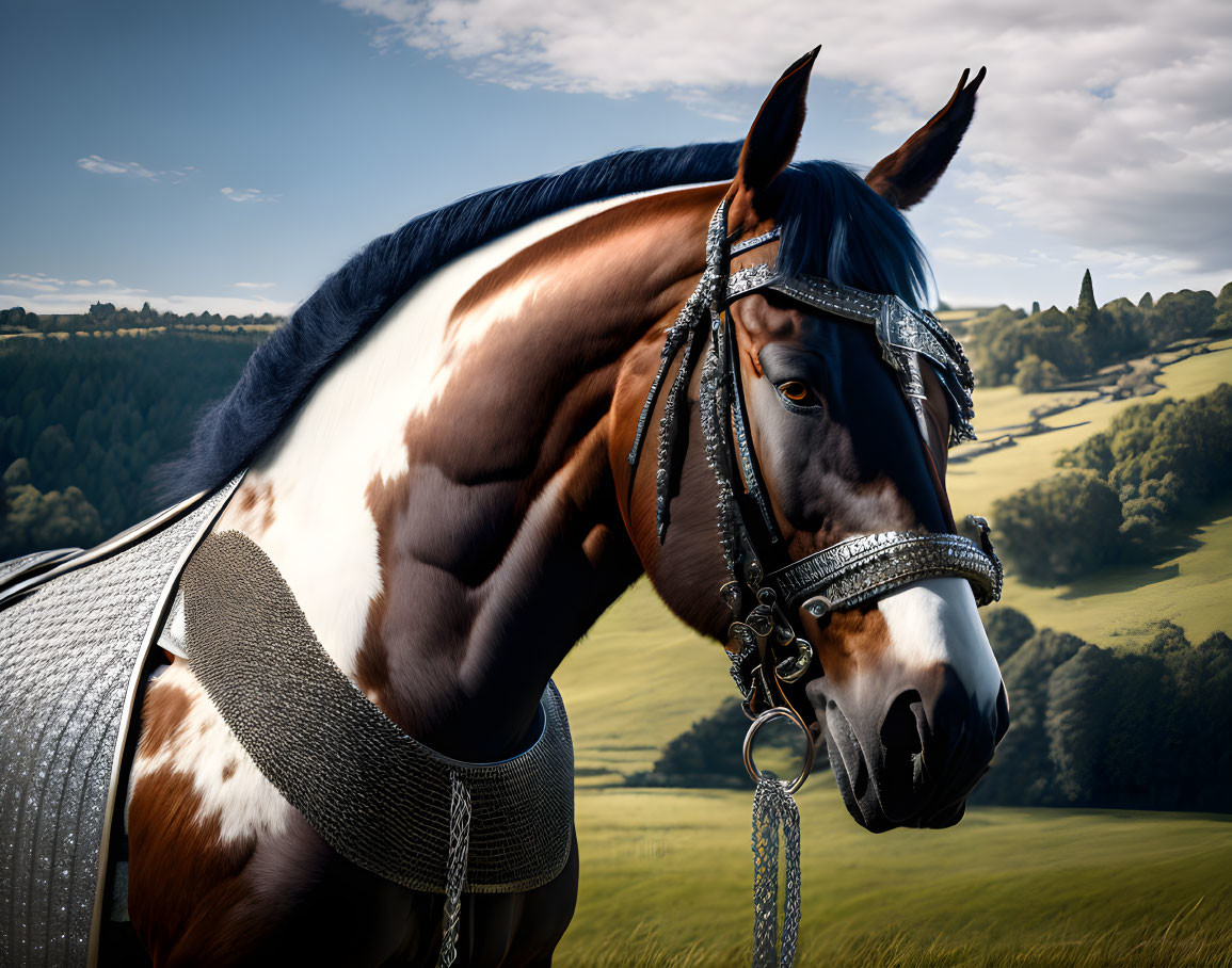 Brown and White Horse with Ornate Bridle in Serene Landscape