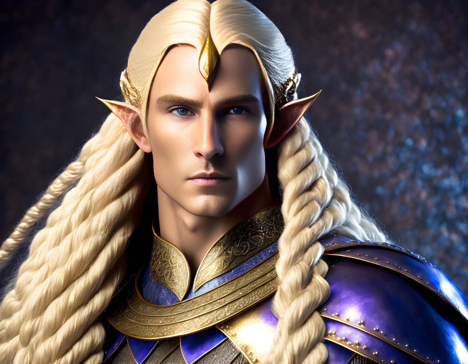 Detailed Illustration: Regal Elf with Long Blond Hair and Blue Eyes in Golden Armor