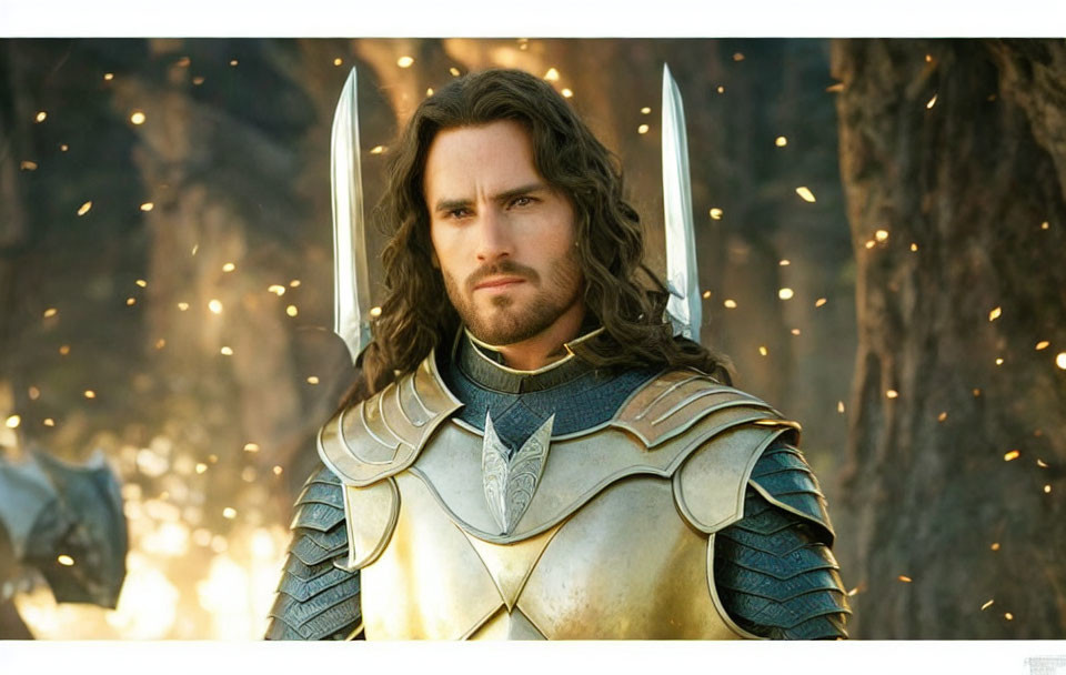 Medieval armored man with long hair in forest with golden light.