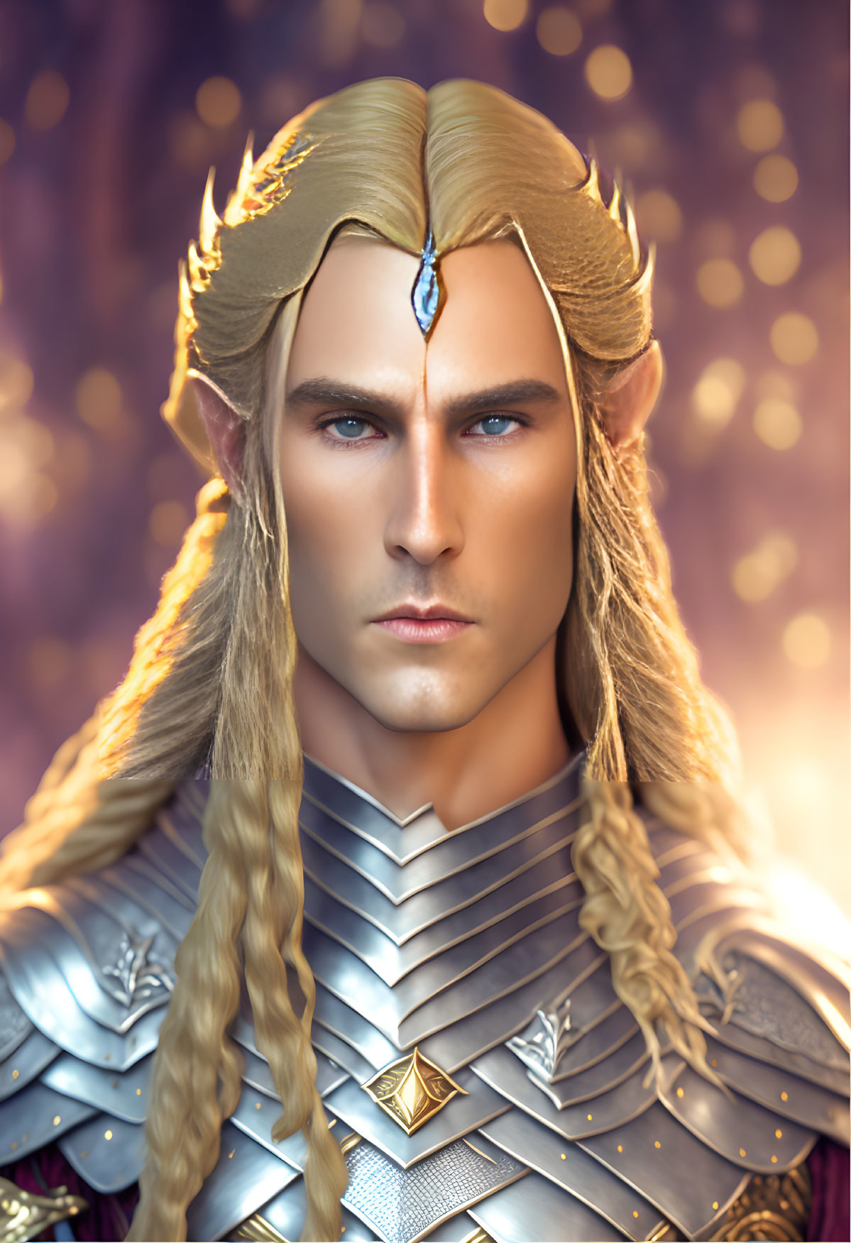 Blond-haired male elf in silver armor and tiara with blue gemstone on bokeh background