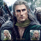 Elven character with blue eyes and blonde hair in green armor, with castle spires.