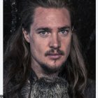 Fictional male character portrait with long brown hair, beard, blue eyes, and medieval armor.