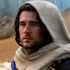 Man with Blue Eyes and Hooded Cloak in Desert Scene