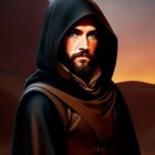 Bearded Man in Hooded Cloak against Fiery Background