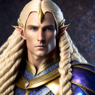 Fantasy character digital portrait: long blond hair, piercing eyes, blue & gold armor.