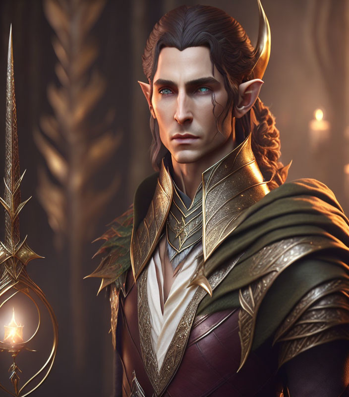 Elf illustration in golden armor with pointed ears, intense gaze, and candlelit background.