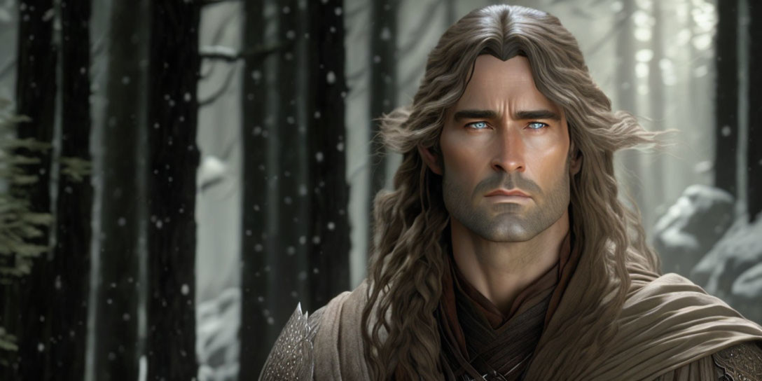 Detailed animated man with long hair in stern expression in snowy forest