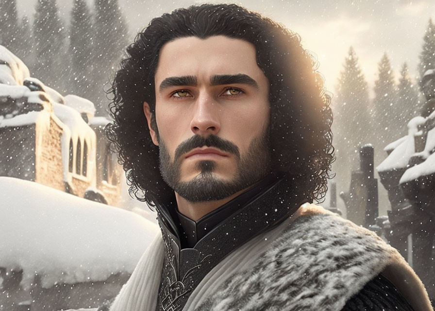 Digital art portrait of solemn man with long curly hair and beard in medieval attire in snowy landscape