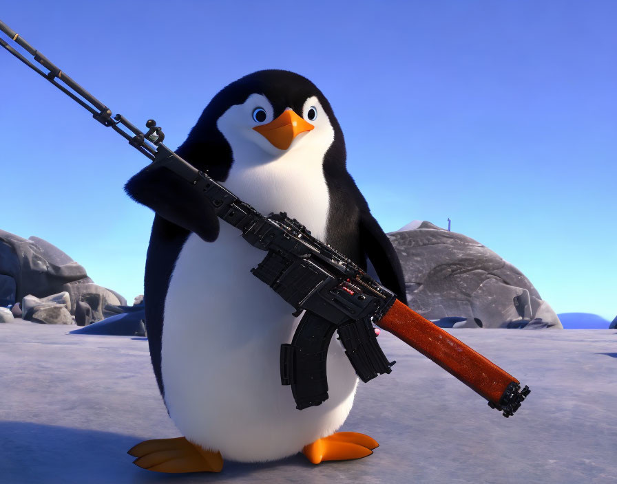 3D animated penguin with assault rifle in snowy landscape