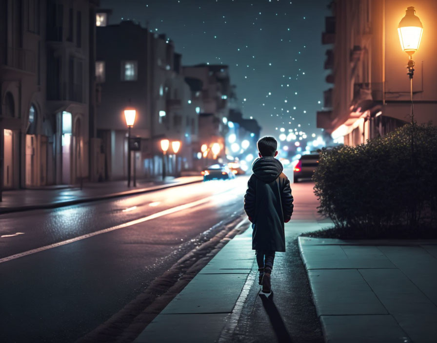 Child walking on city sidewalk at night under starry sky and streetlights.