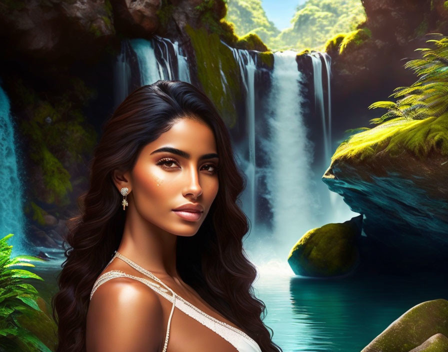 Digital Artwork: Woman with Dark Hair at Serene Waterfall