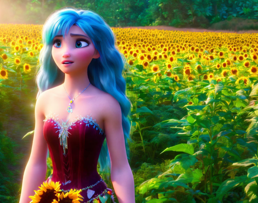 Blue-haired female character in sunflower field at sunset, looking surprised