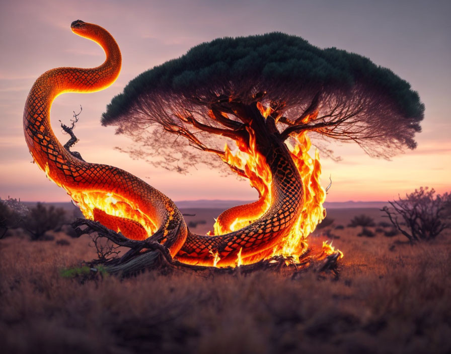 Colorful Serpent-like Creature Entwined with Flaming Tree in Savanna Landscape