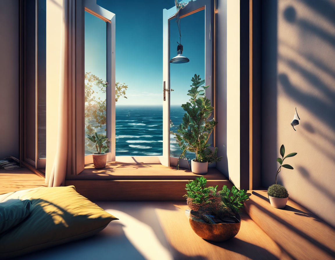 Serene ocean view from cozy window nook