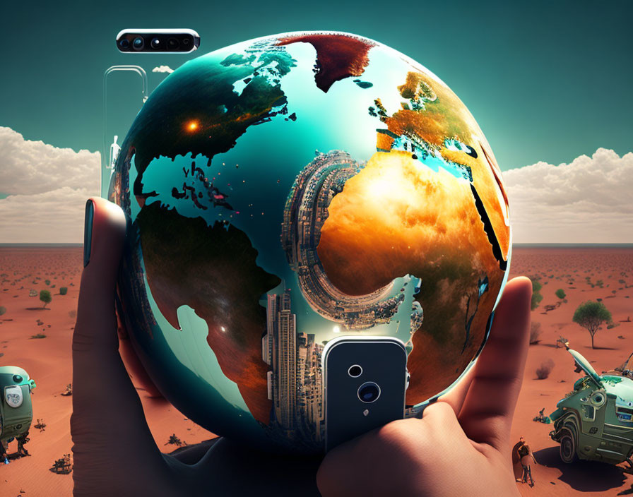 Surreal image of hands holding glossy globe with cityscapes and technology, desert landscape with whims