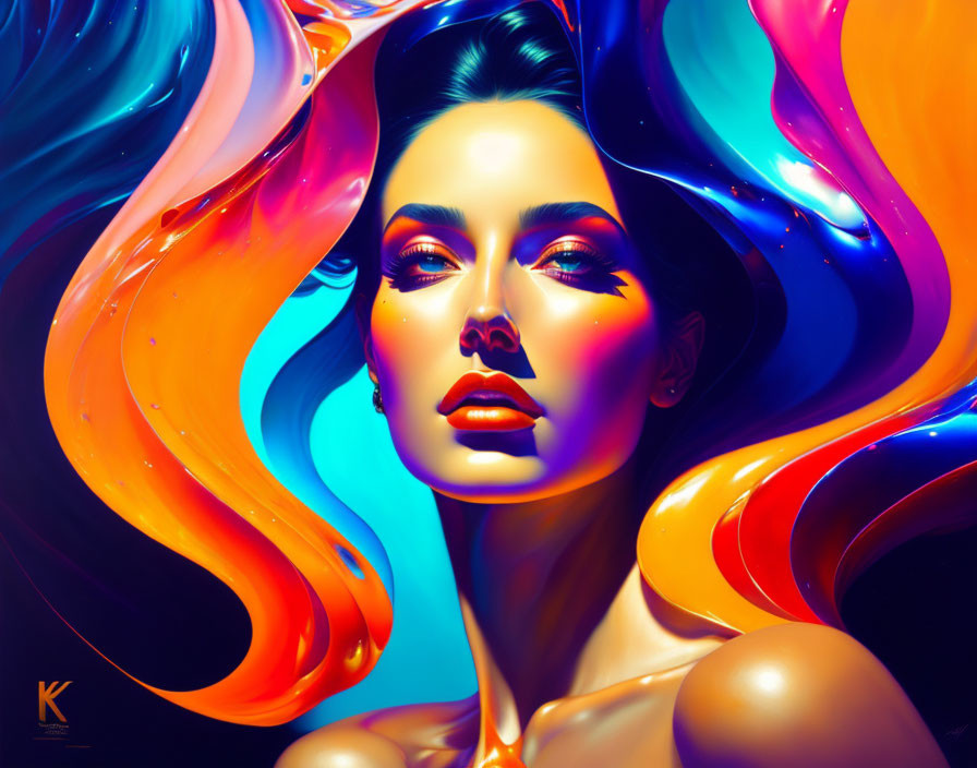 Colorful digital art portrait of a woman with flowing multicolored hair on dark background