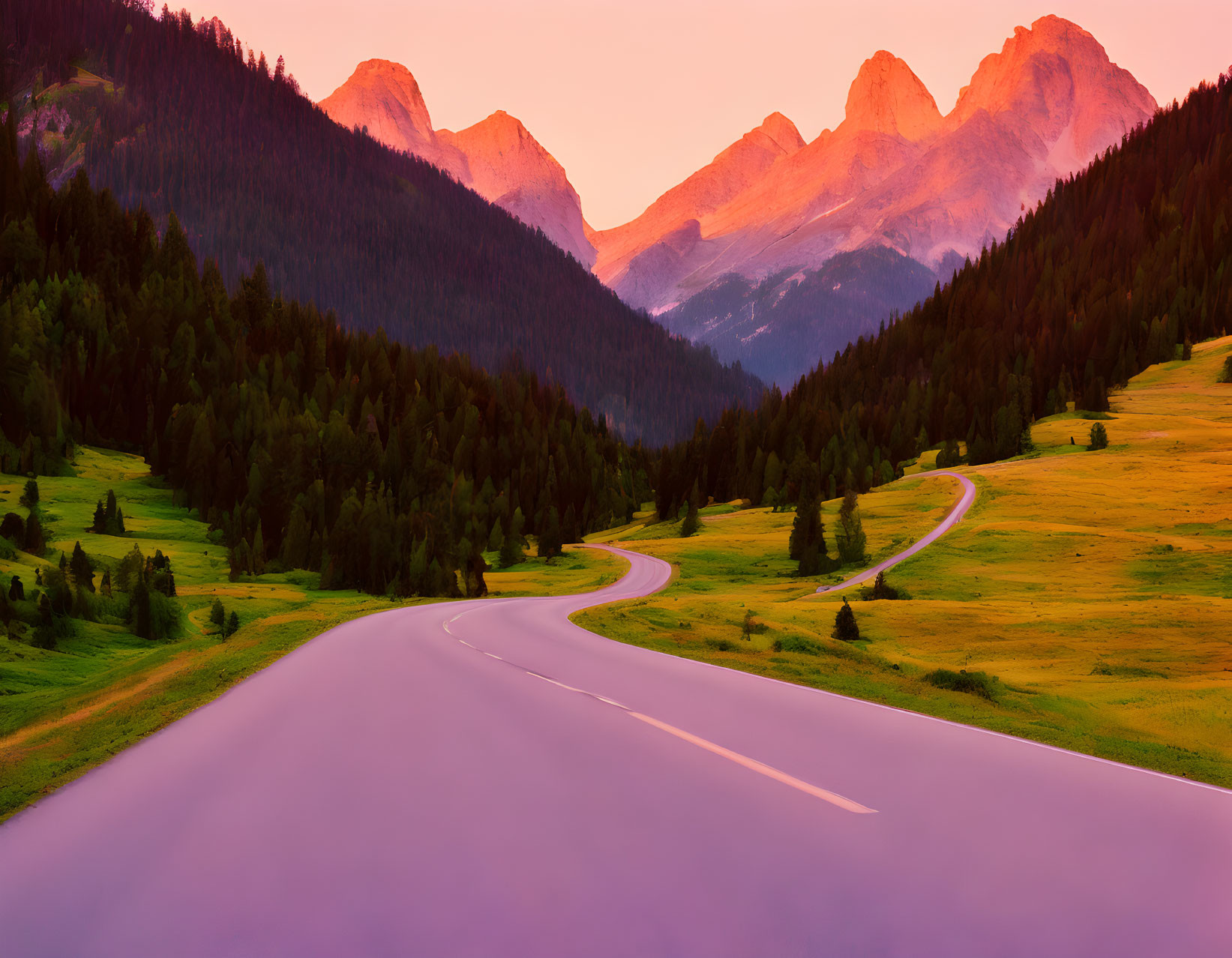 Scenic valley with winding road, lush meadows, forests, and glowing mountains at sunset