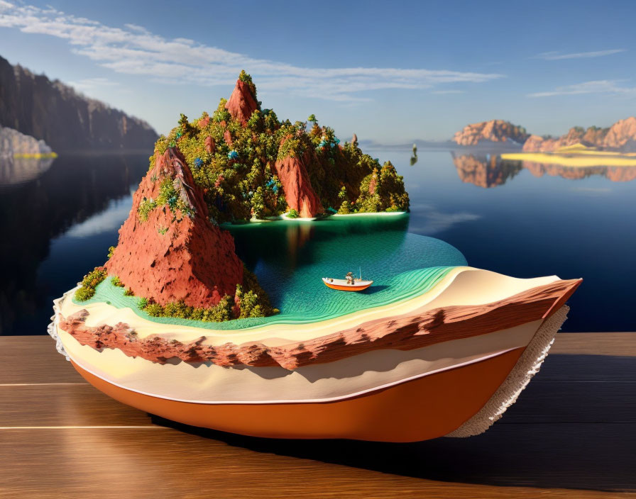 Surreal image of book pages forming landscape with islands, boat, lake