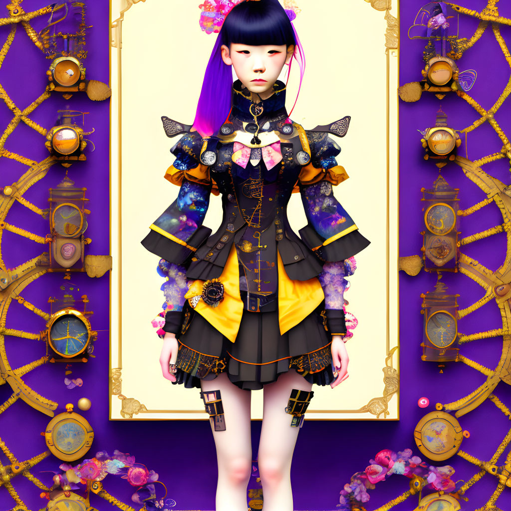 Stylized character with pale skin and pink hair in colorful steampunk outfit on purple backdrop