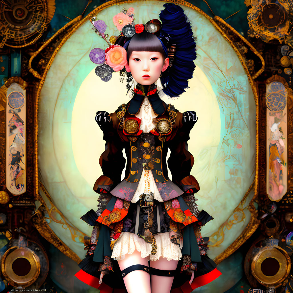 Digital artwork of girl in Gothic and Asian attire with golden backdrop