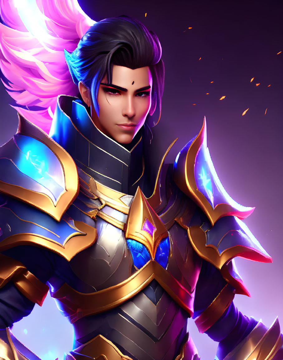 Fantasy character with blue armor, purple wing, and dark hair