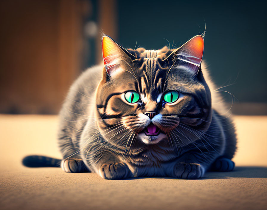 Tabby Cat with Green Eyes Lounging on Floor
