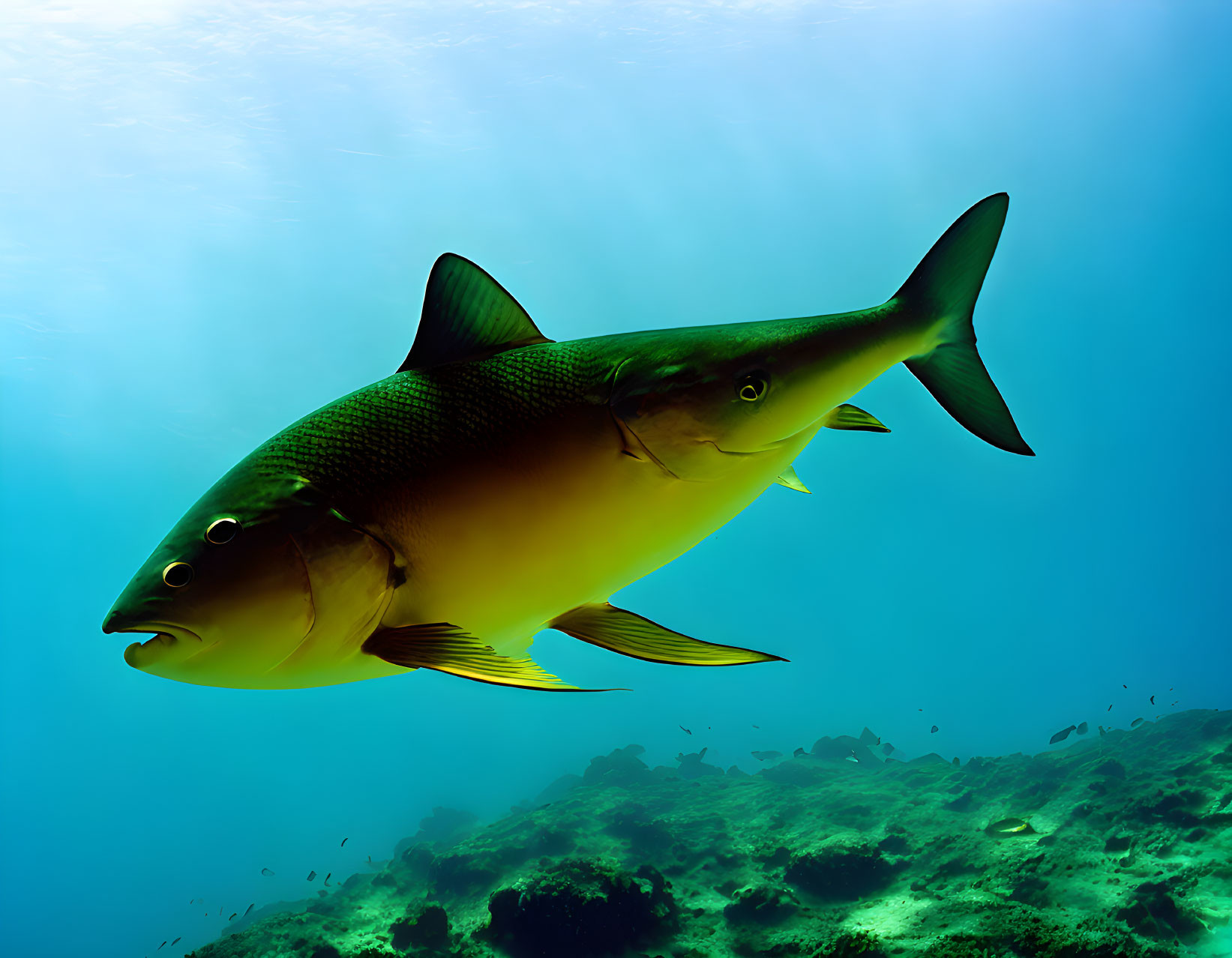 Shiny-scaled fish swimming in clear blue water above rocky seabed