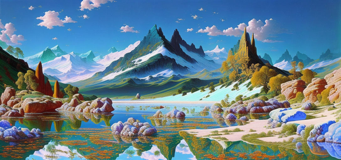 Surreal landscape with snow-capped mountains, lush greenery, serene lake, whimsical clouds