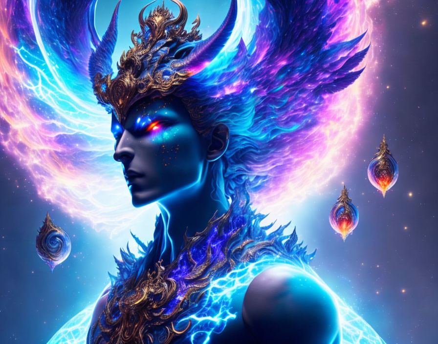 Blue-skinned figure with golden headgear in cosmic scene with fiery orbs