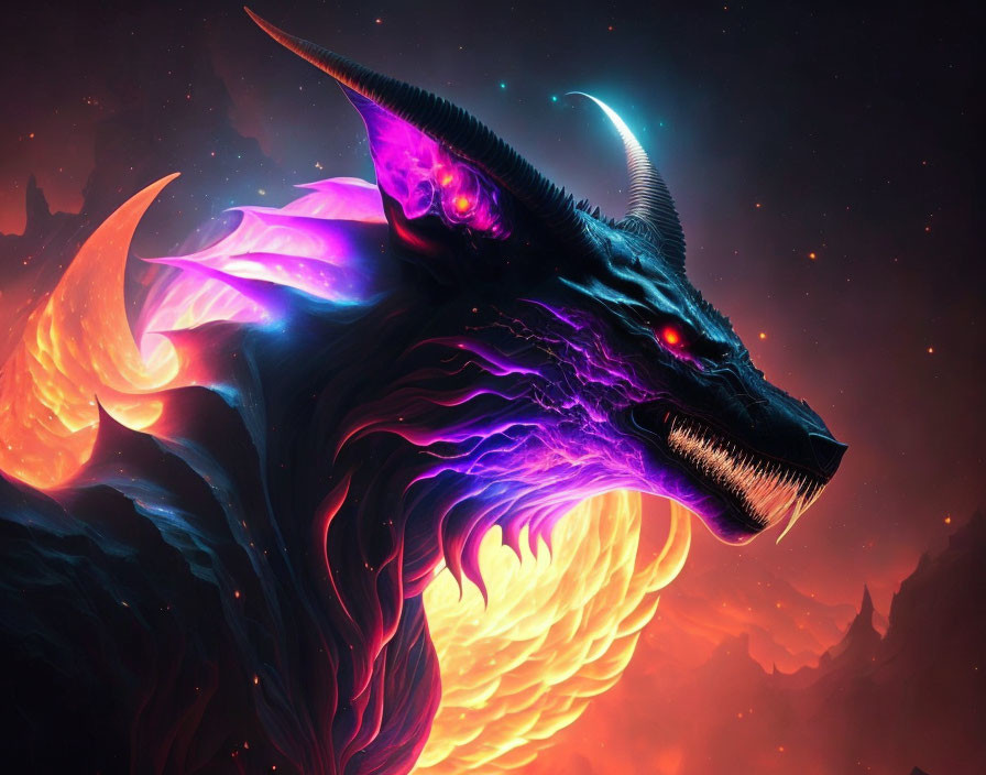 Mythical dragon digital artwork with purple and orange hues in cosmic backdrop