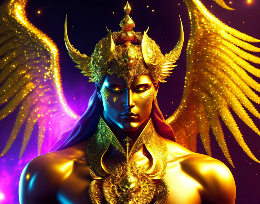 Vivid Blue Figure with Golden Headgear and Jewelry on Glowing Background